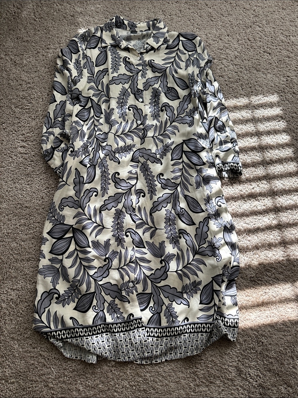 SHEIN Cream Shirt Dress with Black Leaf Print
